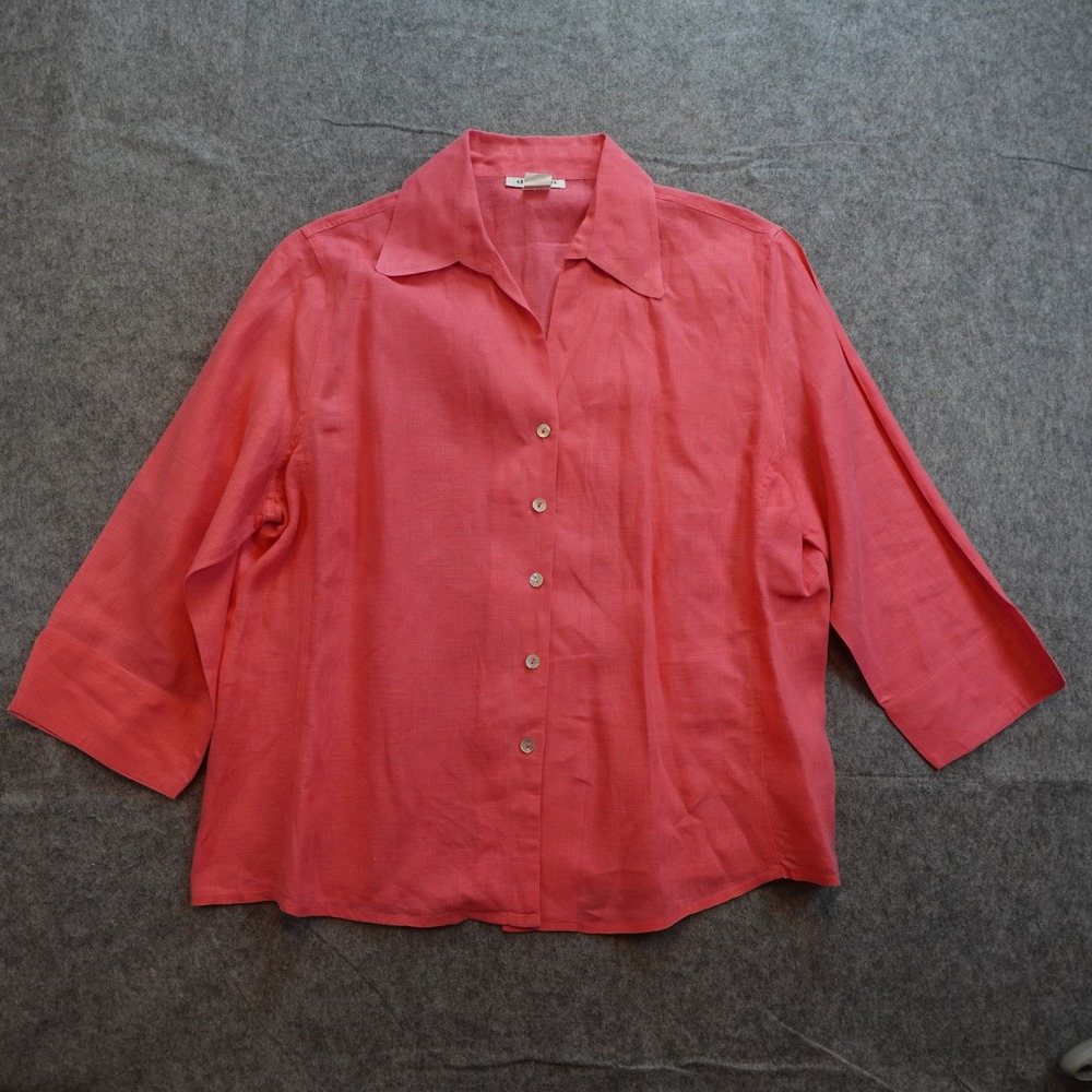 David N Top Women Extra Large Coral Pink Linen Button Down 3/4 Sleeve Shirt